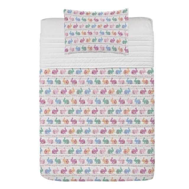 Easter Microfiber Bedspread Set, Abstract Art Inspired Motifs Painted on Rabbit Bunny Horizontal Arrangement, Soft Bedding Set with Pillow Shams & Comforter, 3 Sizes, White Multicolor, by Ambesonne
