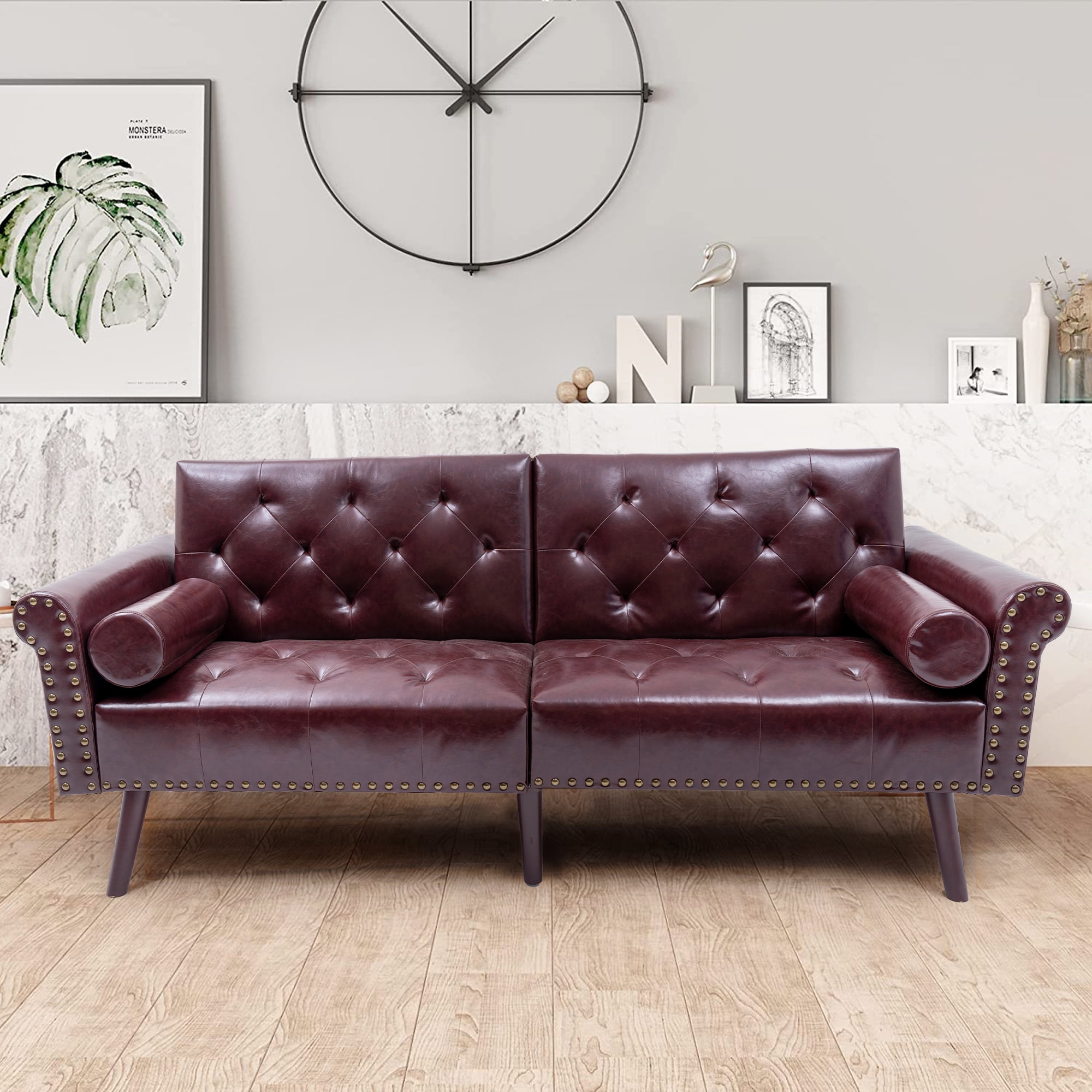 MidCentury Modern Tufted Rolled Arms Sofa ,Dark Red Faux Leather