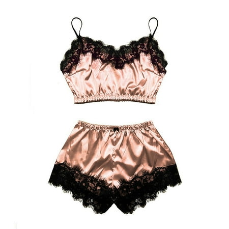 GENGING Hot Sale Cheap Lingerie Women Lace Satin Fall Savings Bra Camisole Sling Tops Shorts Pajamas Two Piece Set