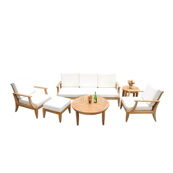Lagos 6 Pc Sofa Set: Sofa, 2 Lounge Chairs, Ottoman, 39" Round Coffee Table & 22" Round Side Table With Cushions in Sunbrela Fabric #57003 Canvas White
