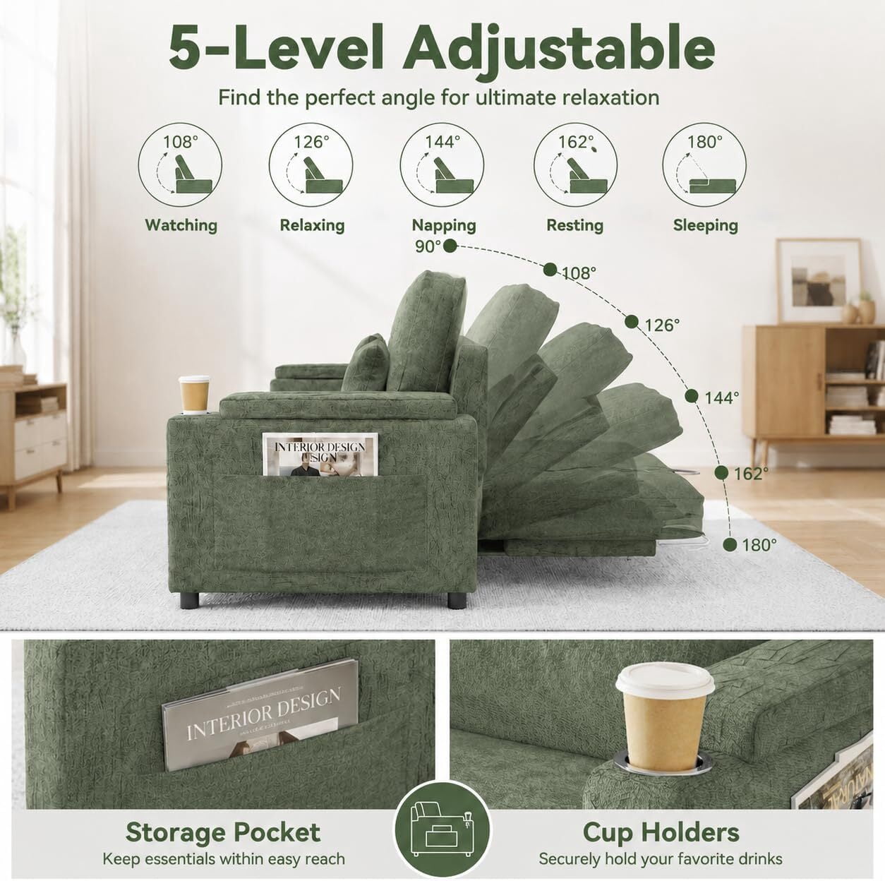 avobird 83" L Shaped Convertible Sofa Bed with Pull Out Couches, Adjustable Backrest and Seating, 3 in 1 Sleeper Sectional Sofa, Modern Chenille Sofa for Living Room, Green
