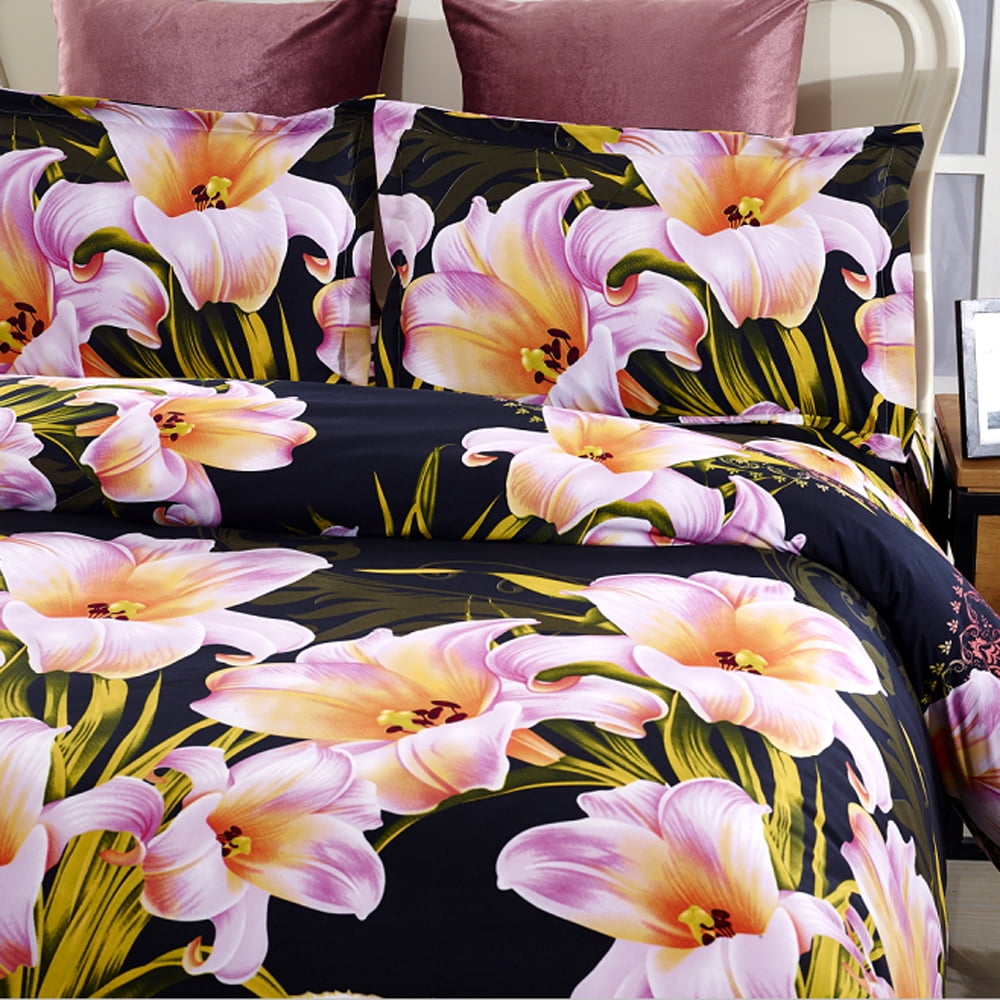 4x 3D Lily Flower Bedding Set King Size Duvet Cover Bed Sheet 2 Pillowcases N7Y2 