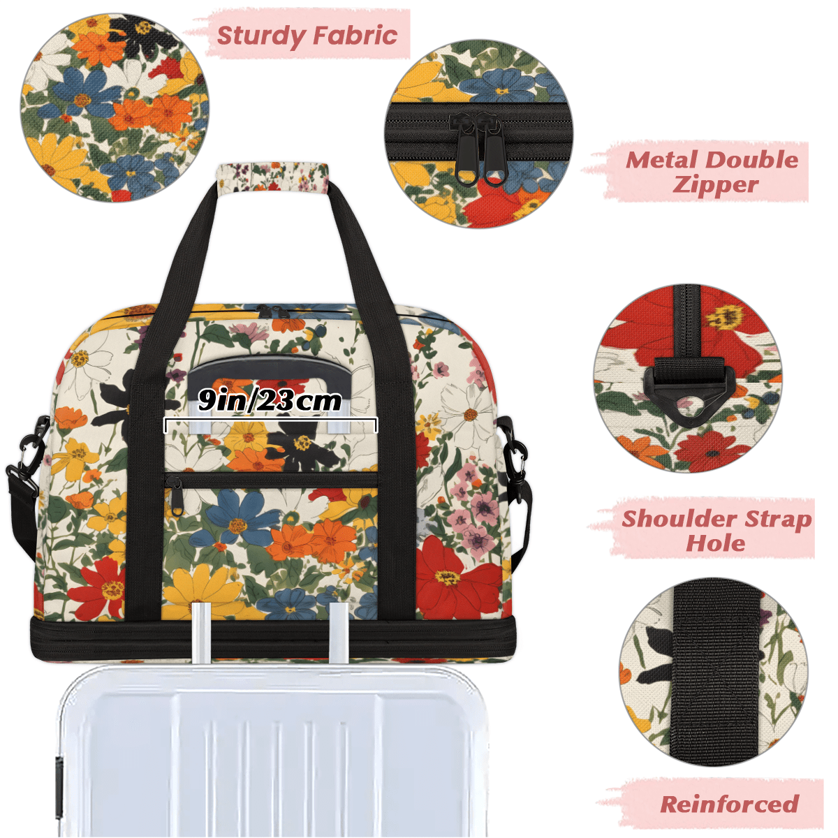 Herdesigns Boho Floral Foldable Travel Duffle Bag for Women and Men Lightweight Carry On Overnight Bag Watercolor Wild Flowers Gym Luggage Weekender Bags with Shoe Compartment