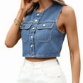 thumbnail image 3 of Jean Vests for Women Crop Denim Top Button Down Waistcoat Vest Tank Tops Fashion Casual Sleeveless Jacket Blue S, 3 of 9