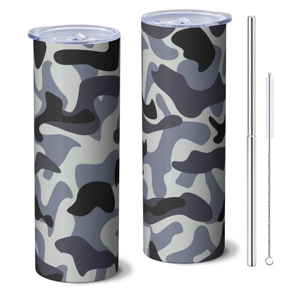 Camouflage 20 Oz Stainless Steel Skinny Tumbler – Vacuum Insulated Slim Travel Cup with Lid & Stainless Steel Straw, 360° Full Wrap Printed Tumbler for Home, Office & Outdoor Use