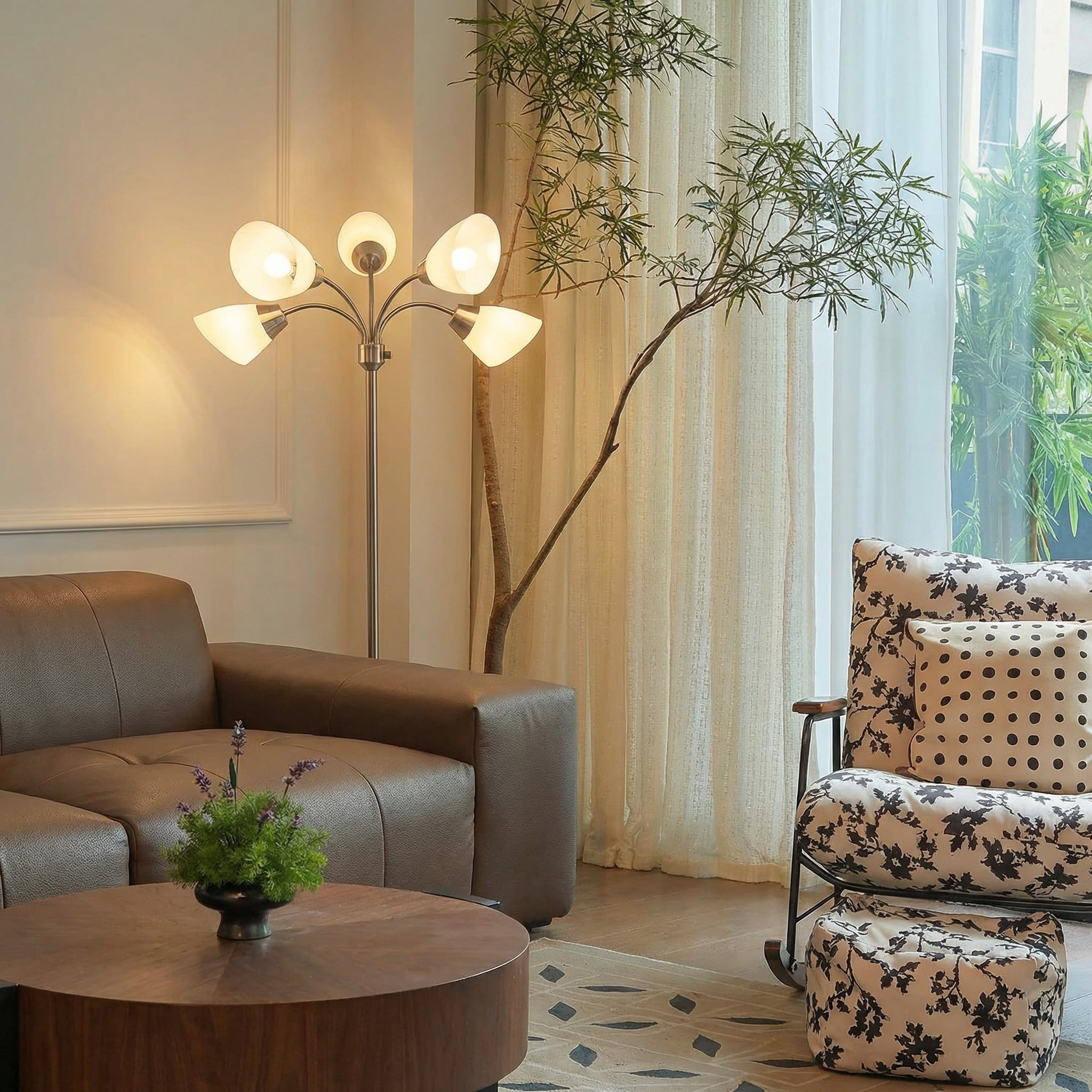 5-Light Metal Tree Floor Lamp with Adjustable Arms, 67" Tall pole Standing Reading Light for Living Room, Sand Nickel Modern Floor Lamp  (Bulb Not Included)