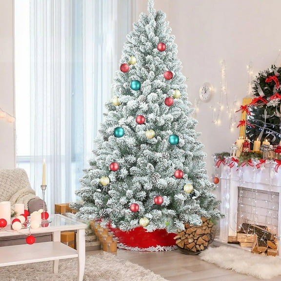 Christmas Trees 6FT Flocked Christmas Tree with Pine Cones – Snowy PVC Artificial Holiday Tree, 888 Tips, 36 Natural Pinecones, Sturdy Metal Stand, Full Shape for Seasonal Decoration,Artificial Chris
