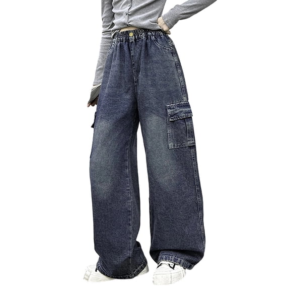 WAYUTE Girls Cargo Jeans Wide Leg Elastic Waist and Multiple Denim Pants with Pockets for Children and Kids Outdoor Streetwear Baggy Pants