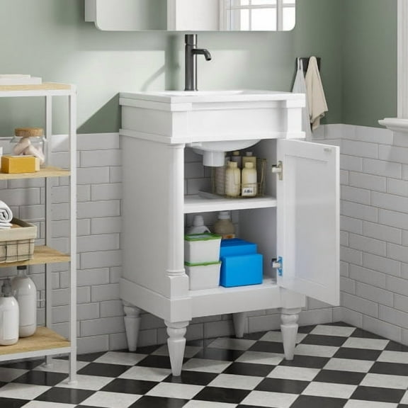 18-Inch Modern Bathroom Vanity with Sink, Modern Bathroom Storage Cabinet with Door, Freestanding Small Space Bathroom Cabinet, Single Sink Cabinet with Adjustable Shelf, White
