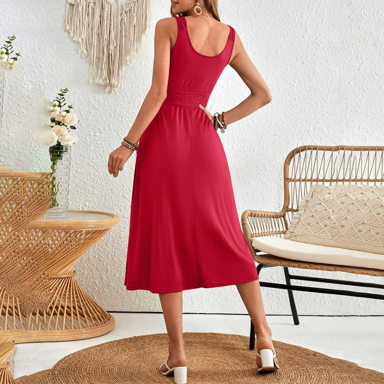 knee length dresses for ladies Womens red linen midi summer dress 4894 – Xiaolizi main image 1