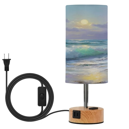 Touch Control Table Lamp with Wood Grain Metal Base 3 Color Temperature Adjustable LED Eye Caring Desk Lamp for Bedroom Study Sun Moon Waves