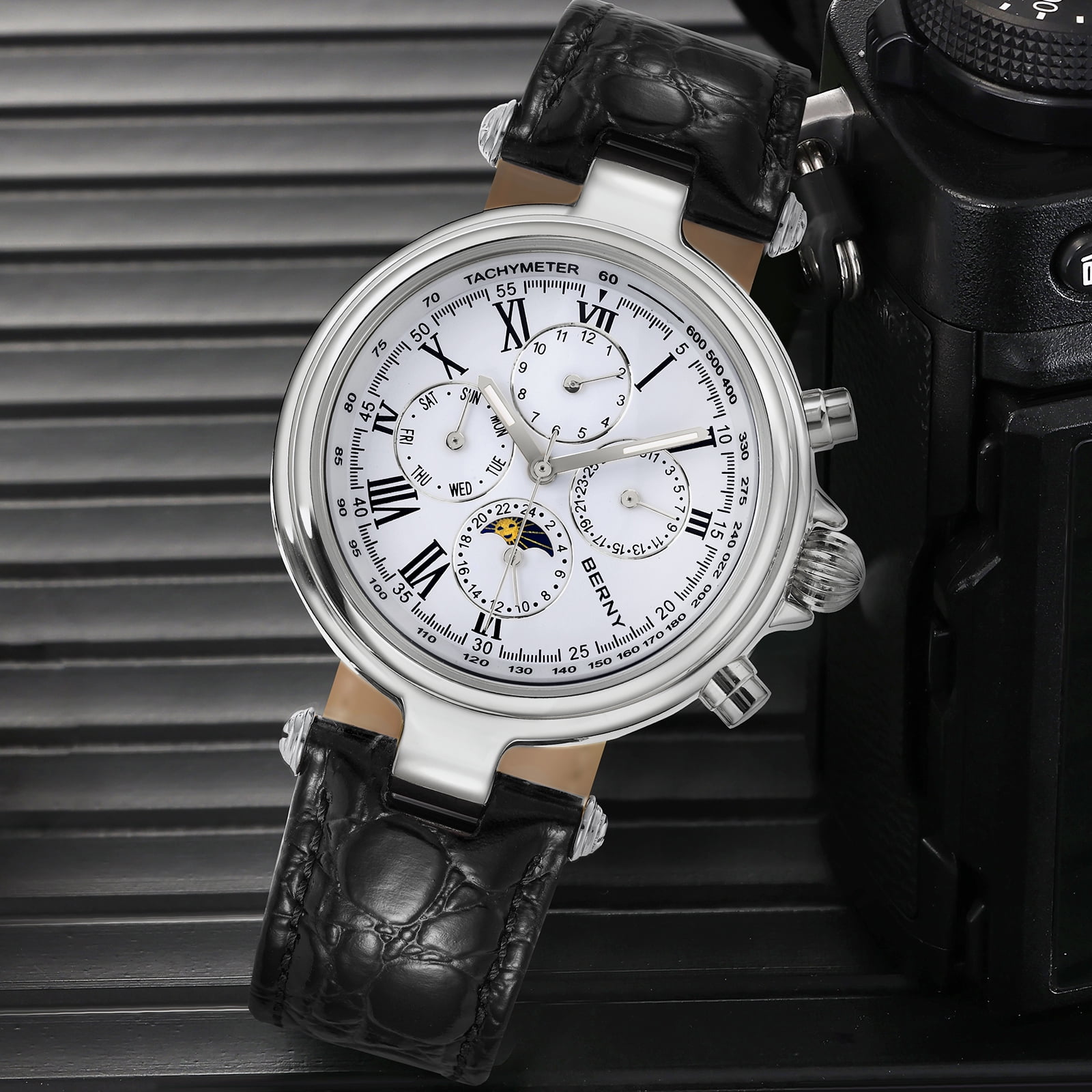 BERNY Automatic Watch for Men Classic Mechanical Self Winding Wristwatch 3ATM Waterproof Multi-Functional Dials Date, Week, Month and Moon Phase