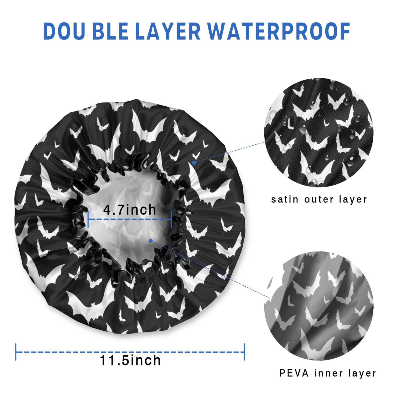 Shower Caps,Black Halloween Bat Silhouettes Waterproof Shower Cap for Women 4 Pieces,Double Reusable Hair Cover for Shower PEVA Elastic Stretch Hem