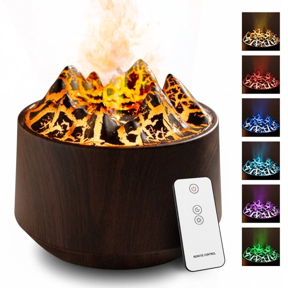 Volcano Aroma Diffuser with Flame Effect - 7 Color Changing LED Ultrasonic Cool Mist Humidifier for Essential Oils, Remote Control Wood Grain Aromatherapy Fountain for Home & Office