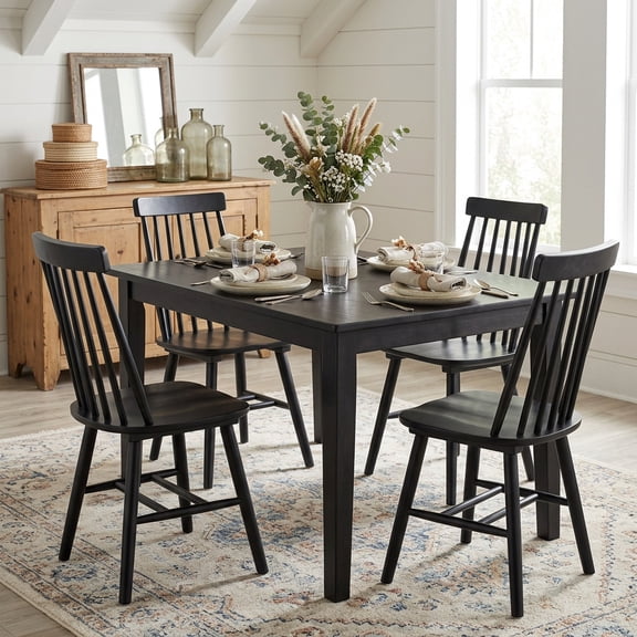 Farmhouse Wooden Dining Chairs Set of 4, Windsor Spindle Back Chair for Kitchen & Dining Room, Black