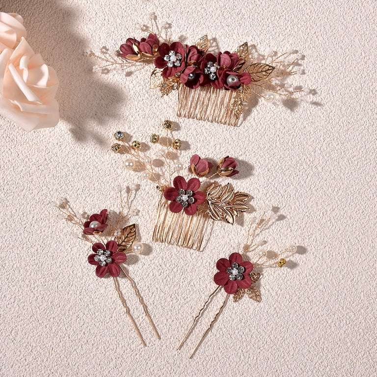 Pink Rhinestone Hair Barrette Crystal Floral Clip Wedding Bridesmaid Jewelry NUOBESTY Pink Rhinestone Bride Hair Clip Set - 4Pcs Floral  main image 2