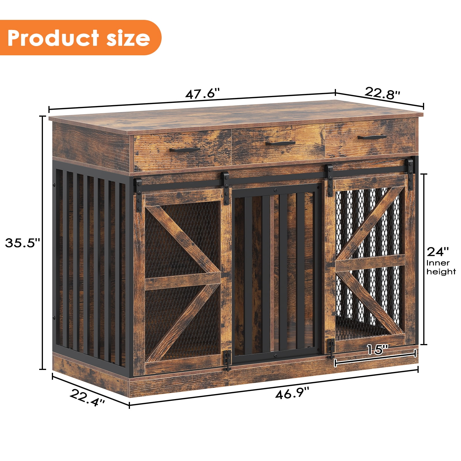 2-in-1 Farmhouse Dog Crate Furniture - Wooden Large Dog Kennel with Drawers Storage - Double Doors - Indoor TV Stand - Inner Height: 24 Inches - Ideal for One Big Dog or Two Small Dogs