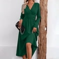 thumbnail image 4 of Guieoi Womens Dresses Long Sleeve Solid-Color High-Waisted Pleated V-Neck Dress Midi Dress Green XXL, 4 of 8