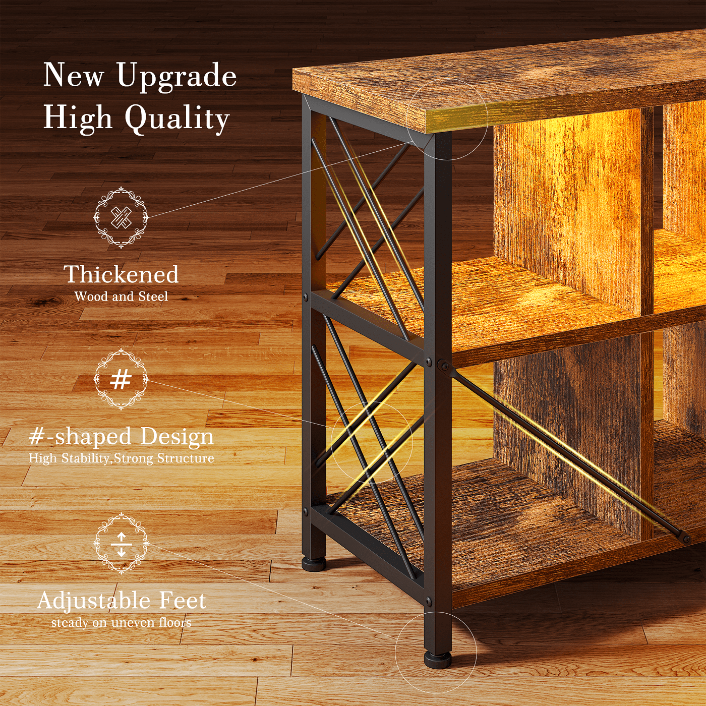 EnHomee 6-Cube Storage Organizer with LED Lights & Charging Station,Wood & Metal Bookshelf, Multi-Functional Cube Shelf for Bedroom, Home Office & Living Room，Rustic Brown