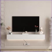 TV Furniture | Modern 69” Floating Wall-Mounted TV Stand with 16-Color LEDs | White | MDF