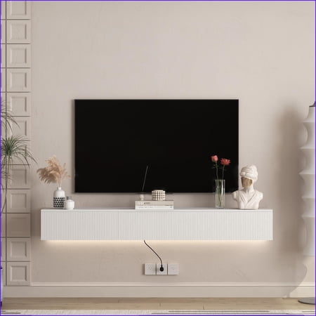 TV Furniture | Modern 69” Floating Wall-Mounted TV Stand with 16-Color LEDs | White | MDF