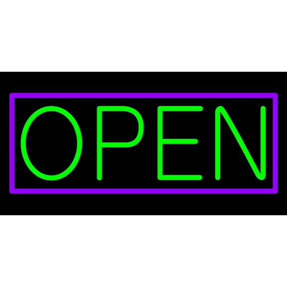 Purple Border With Green Open LED Neon sign 10 x 24 - inches, Black Square Cut Acrylic Backing, with Dimmer - Bright and Premium built indoor LED Neon Sign for storefront.