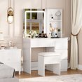thumbnail image 2 of Ataucjin Vanity Desk with LED Mirror, Makeup Vanity Desk with 4 Drawers, Power Outlets, Storage Stool, Storage Shelves & Hair Dryer Holder , Adjustable 3 Lighting Modes, Makeup Vanity Set for Bedroom, 2 of 9