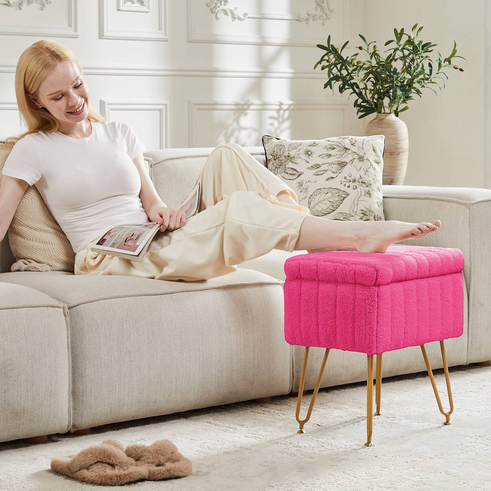 Kelno 18.9" Faux Fur Vanity Stool with Hidden Storage Soft Padded Ottoman Footrest with Metal Legs Antislip Adjustable Feet, Rose Red