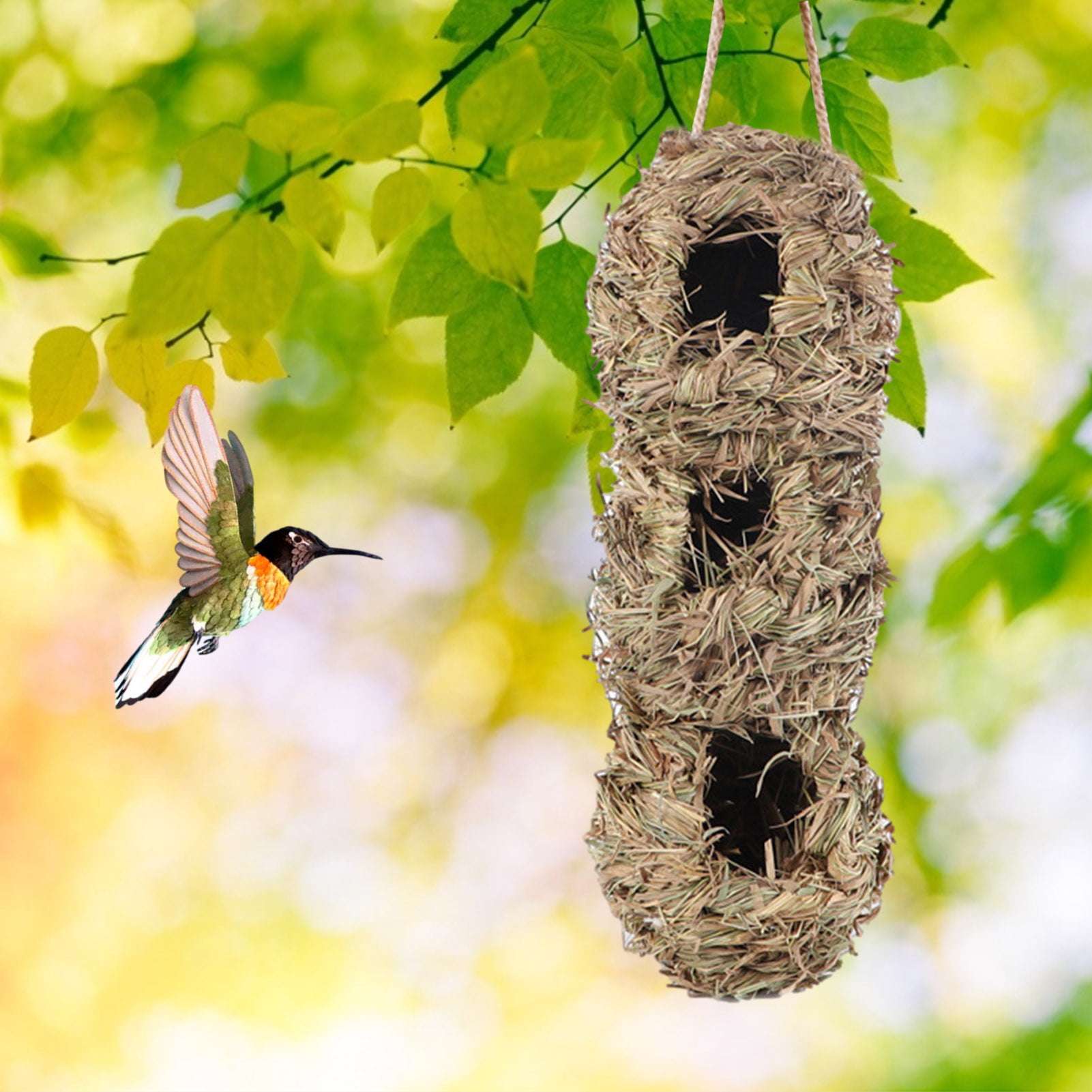 Hummingbird House Fiber Natural Grass Hand-Woven Roosting Bird Home Hanging Nest 