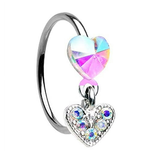 Body Accentz Double Heart Drop Dangle Gem Bendable Nose Hoop Ring