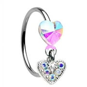 Body Accentz Double Heart Drop Dangle Gem Bendable Nose Hoop Ring