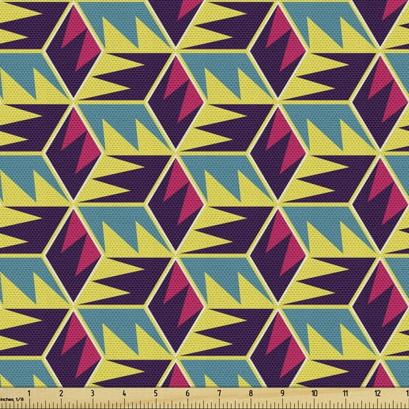 Geometric Fabric by the Yard, Retro Design Triangular Ornament Cubes Hexagon, Upholstery Fabric for Dining Chairs Home Decor Accents, Multicolor by Ambesonne