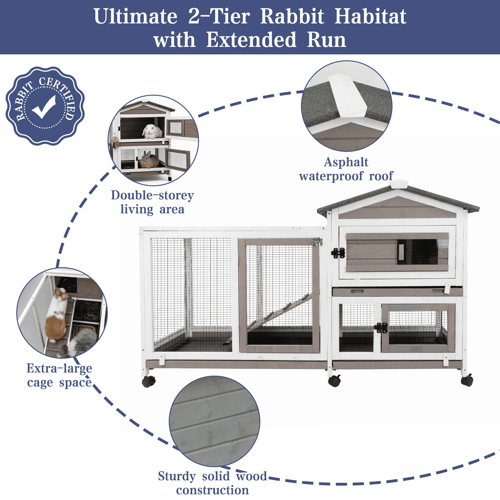 PETSCOSSET 57" L Rabbit Hutch Indoor Outdoor 2 Story Large Bunny Hutch with Run Guinea Pig Cage Wooden Rabbit Cage with Removable 3 Pull Out Trays Pet House for Small-Medium Animals