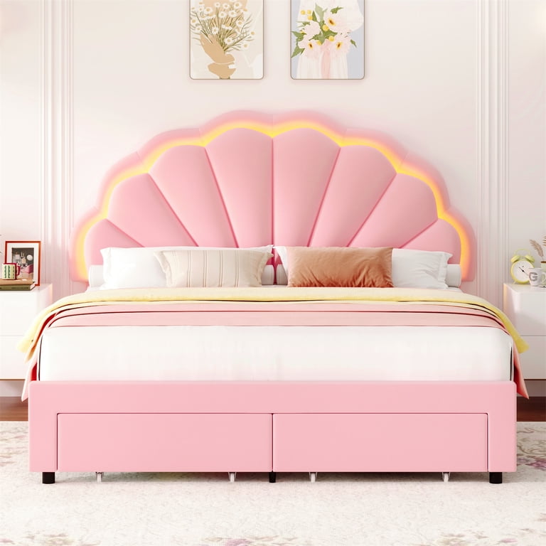 Homfa Pink Full Size LED Bed Frame, Velvet Upholstered, Petal