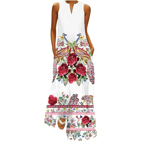 Leutsin Women's Casual Long Dress With Striped Floral Print Sleeveless Maxi Dress