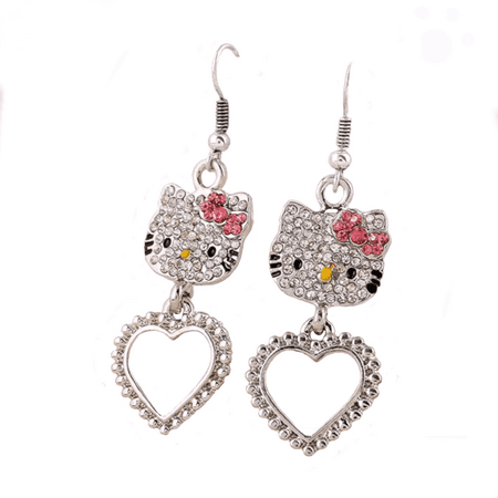 - Hello Kitty Style Crystal Face Pink Bow Dangling Heart Anti-Tarnish Earring, HKE-001