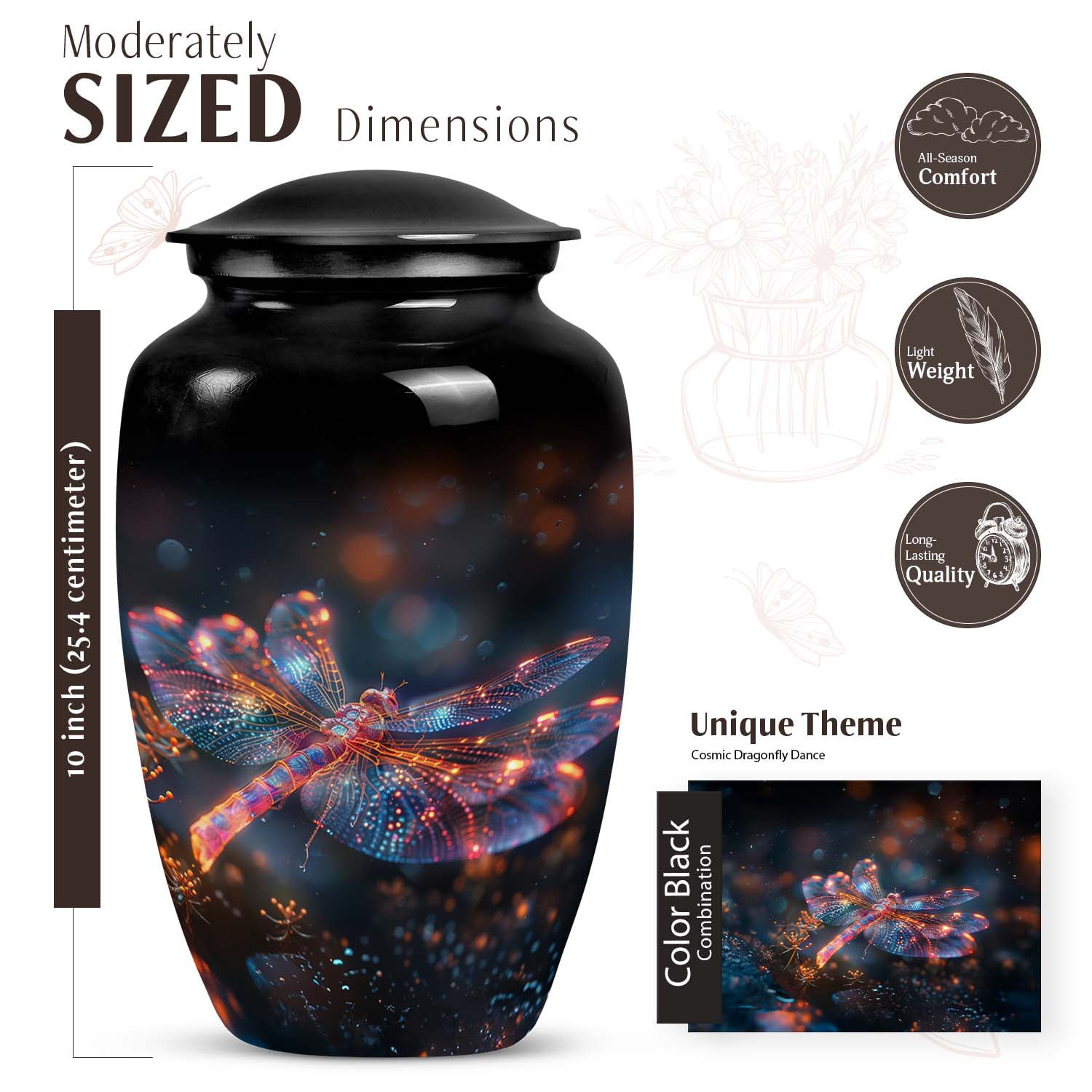 Cosmic Dragonfly Dance Decorative Urns For Human Ashes - Funeral Urns For Human Ashes Adult - Cremation Memorial - Cremation Urn For Adults (Size -10inch)