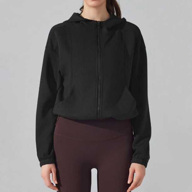 Chaquetas y prendas de vestir casuales con capucha de manga larga para mujer, color sólido, cuello redondo, traje de yoga ajustado de manga larga, camiseta con rosca, camiseta de manga corta con cuell