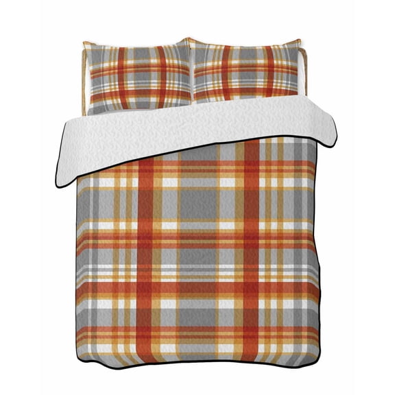 Quilts Queen Size Bedding Set, Vintage Plaid Lightweight Quilted Comforter, Autumn Orange Red Grey Checkered Farmhouse Soft Reversible Bedspread Coverlet with Pillow Covers for All Season, 90" x 96"