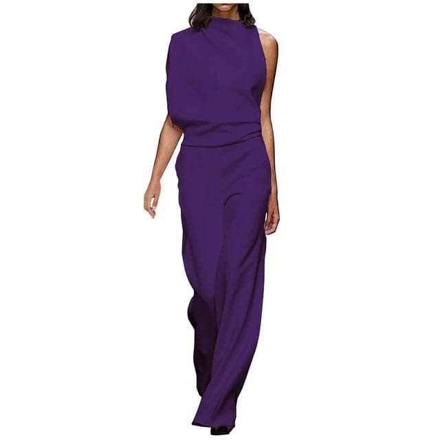 Women's Short Sleeve Mock Neck Elegant Formal Wide Leg Pants Jumpsuit Cold Shoulder Cocktail Business Rompers