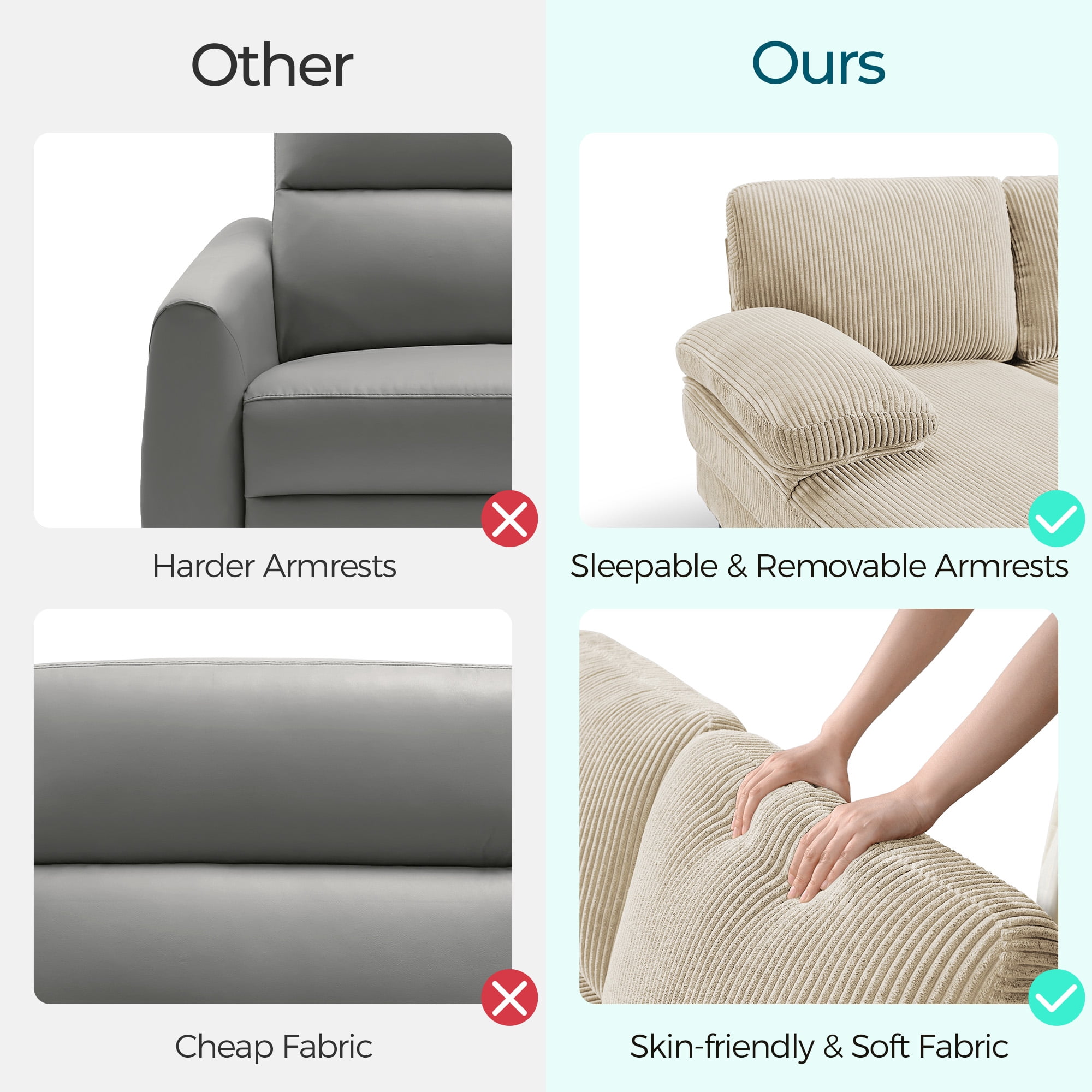 Linsy Home Sectional Sofa for Living Room, U-Shaped Sofa Couch with Corduroy Fabric, 4 Seat Sofa Set with Double Chaise for Apartment, White