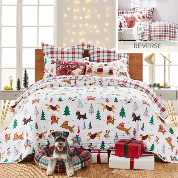 Levtex Home Merry & Bright Collection - Jingle Paws Quilt Set - Full/Queen Quilt (86x86in.) and Two Standard Shams (20x26in.) - Christmas Dogs - Red, Green, White - Reversible - Polyester