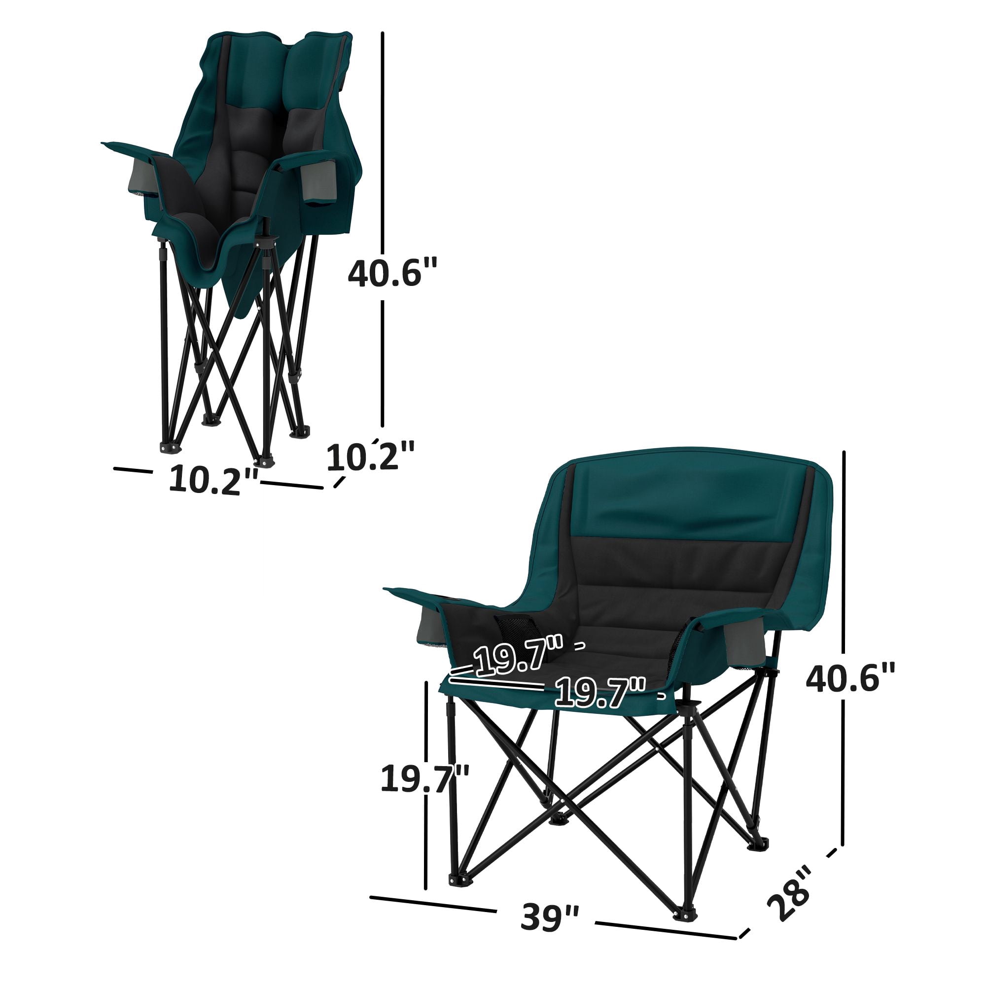 Padded Folding Camping Chair with Carry Bag, High Density Cushioned Lawn Chair 600D Oxford Fabric Metal Frame with 2 Cup Holders Side Pockets Supports 265lbs for Fishing Outdoor Dark Green Black