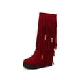 thumbnail image 2 of Viluyesy Womens Knee High Boots, Thick Sole Pull-On Round Toe Fashion Retro Tassel Suede Boots Red, 2 of 4