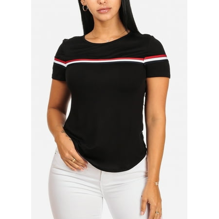 - Womens Juniors Casual Short Sleeve Round Neckline Stripe Across Chest Black Top 21185P