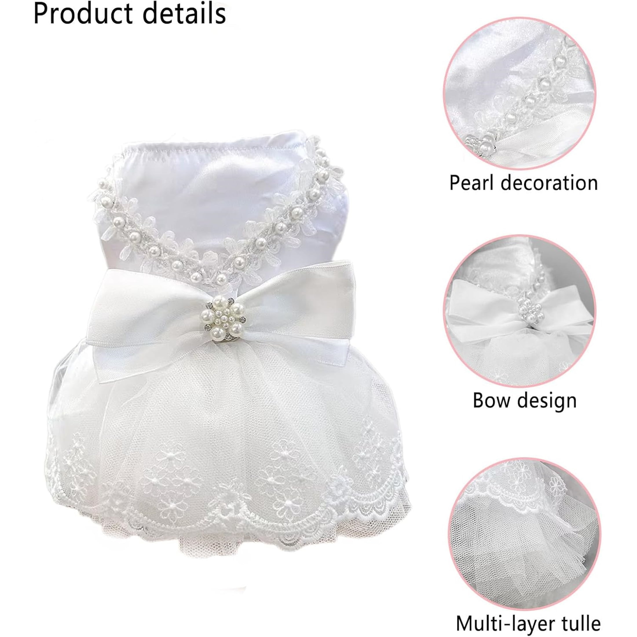 White Dog Wedding Dress Puppy Tutu Skirt with Bow and Pearl Decoration,L,White