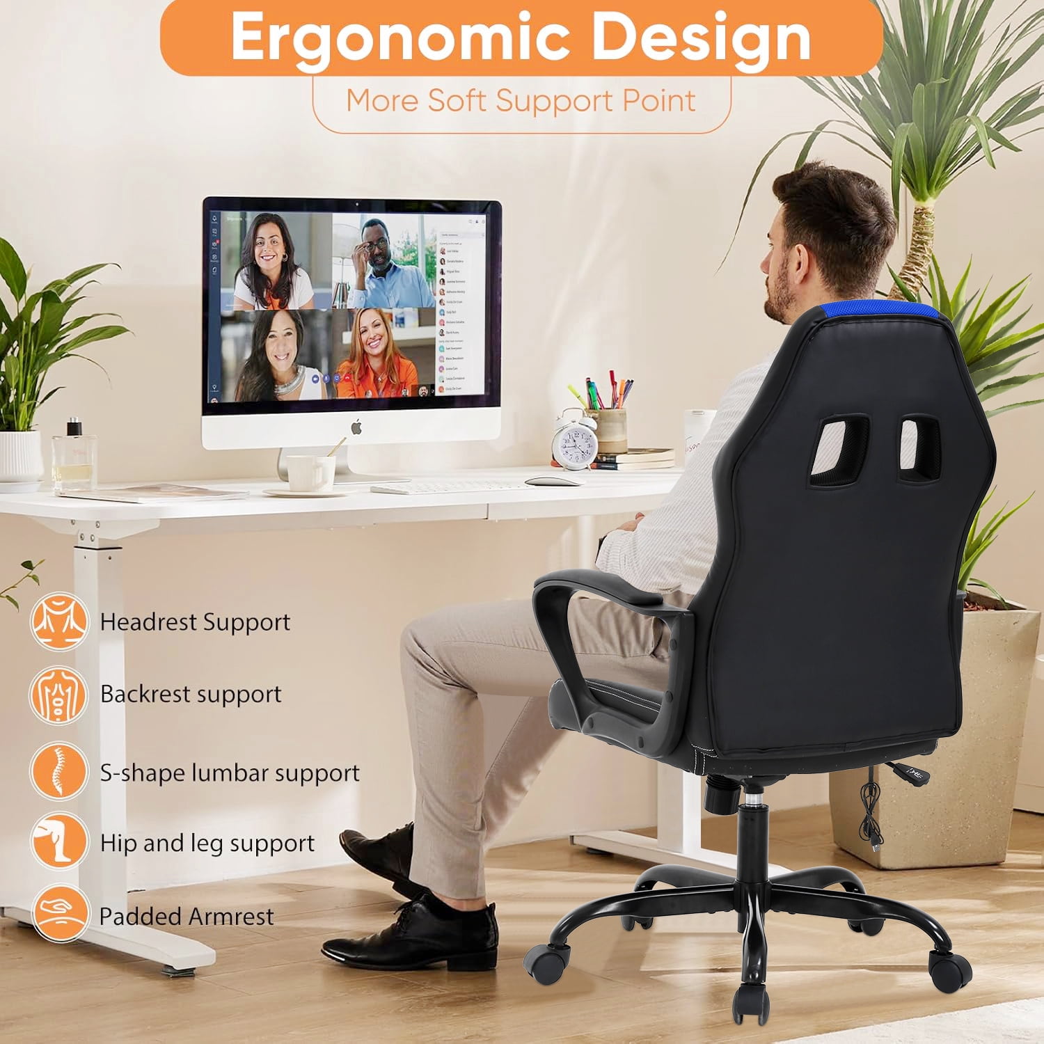 Massage Gaming Chair, High Back Office Chair Adjustable Gamer Chair Ergonomic Computer Chair with Lumbar Support Task Rolling Swivel Chair Game Chair for Adult &Teen(Blue)