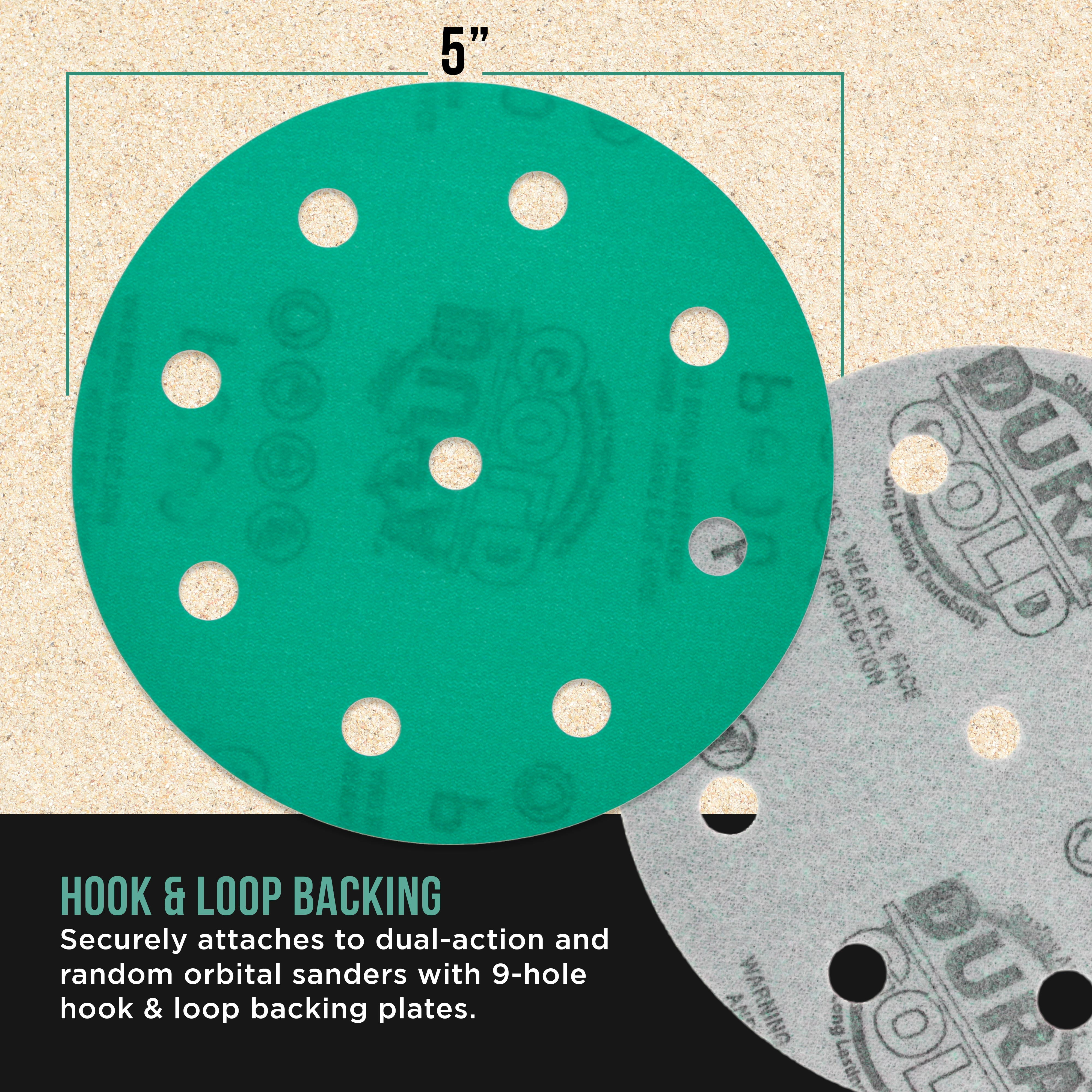 Dura-Gold Premium 800 Grit 5" Green Film Sanding Discs, 9-Hole Pattern, Box of 50 - Heavy-Duty Dustless Hook & Loop Backing Sandpaper for DA & Random Orbital Sanders, Sand Auto Paint, Wood, Furniture