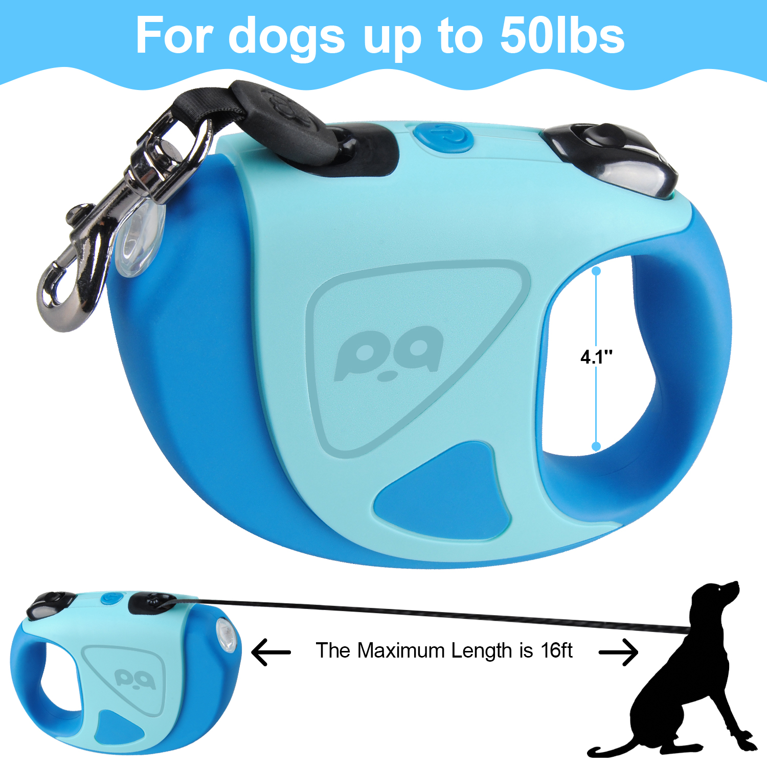 HOOTEK Retractable Dog Leash with LED Light, 16ft Heavy Duty Dog Leash with Anti-Slip Handle and 360° anti-tangling, One Button Brake & Lock Dog Leash for Small/Medium/Large Dogs Up to 50lbs, Blue