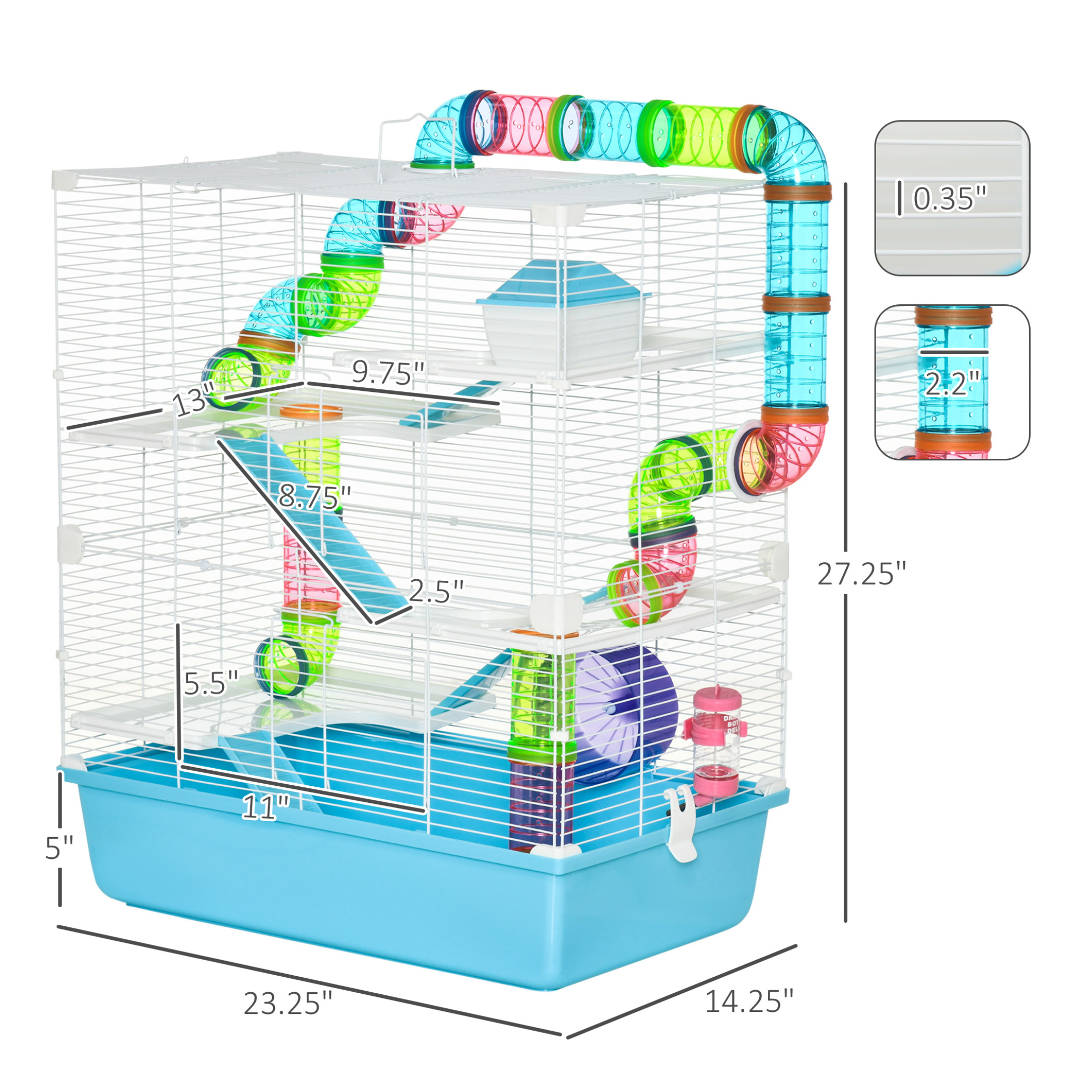 Hamster Cage 23", 5-Tier Habitat, Rat & Mouse Cage with Tubes & Wheel - Light Blue